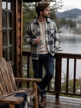 Reserved Wool Blend Plaid Shacket Overshirt Jacket Men's Medium Blue Cream